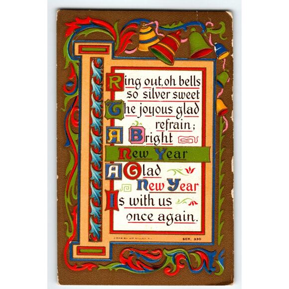 Vintage 1907-1915 New Year Lithograph Postcard Ring Out Oh Bells Divided Back - Picture 1 of 2